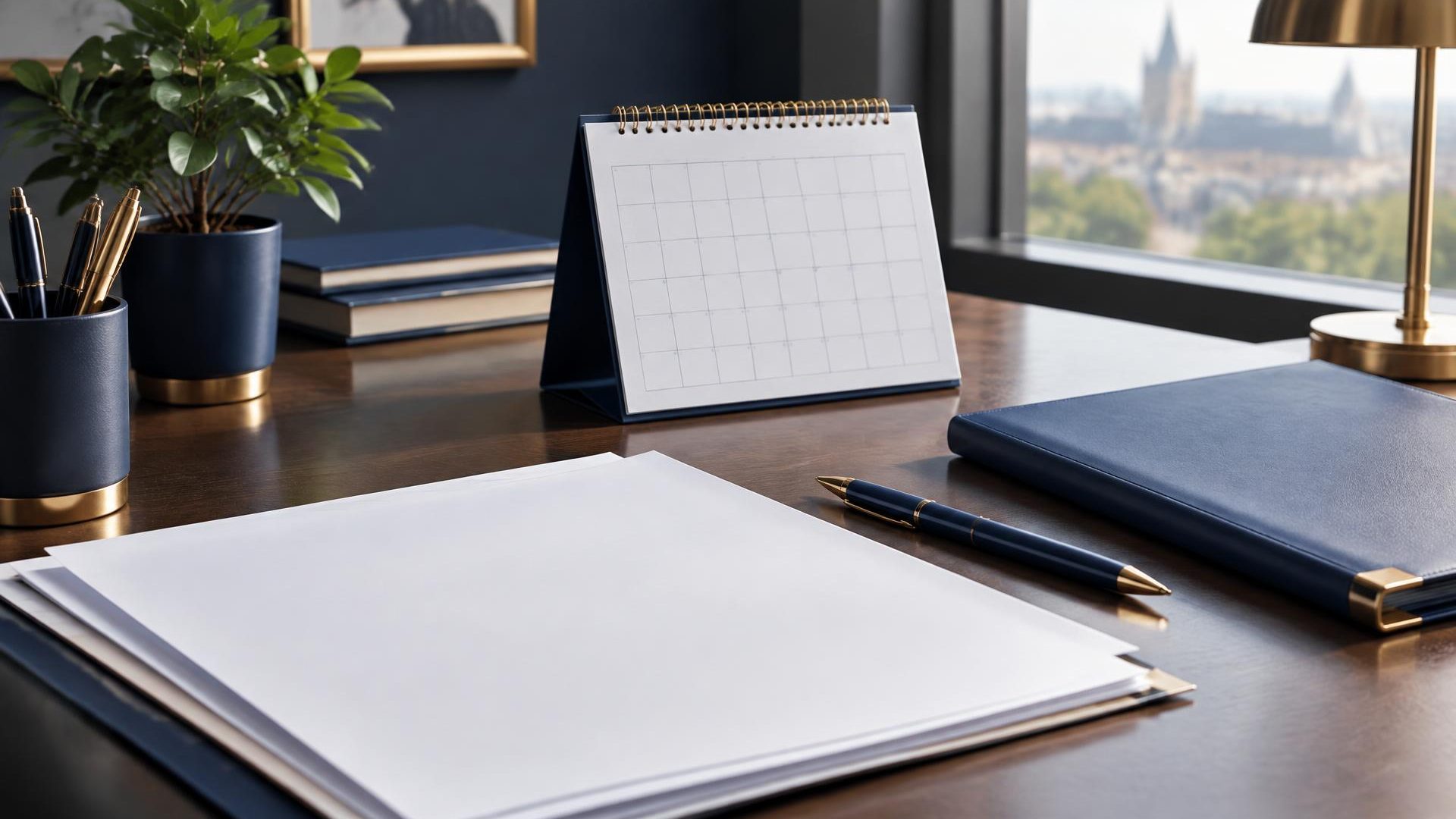 Calendario sin anotaciones y documentos sobre un escritorio de asesoría fiscal