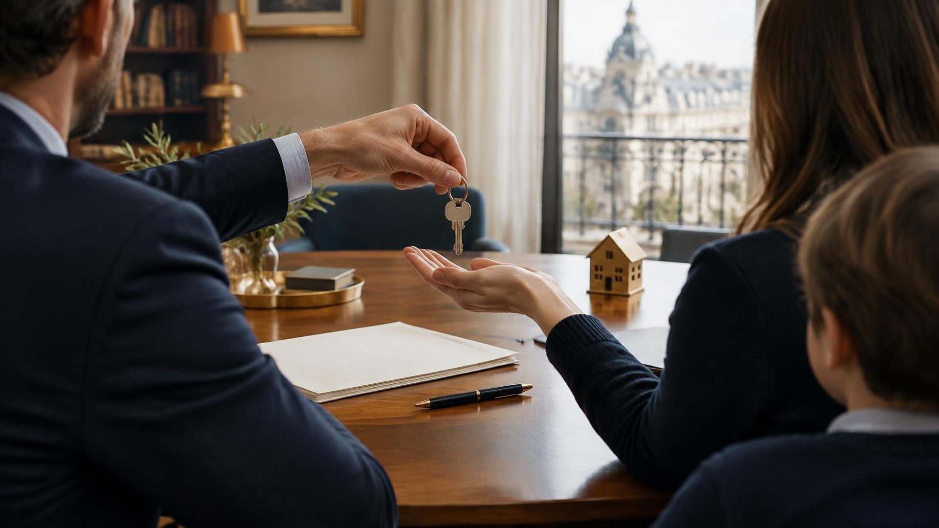 Familia entregando las llaves de una vivienda junto a documentos