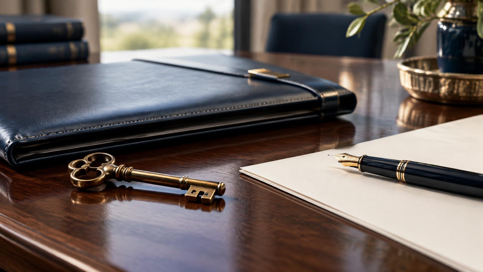 Llave, carpeta y documentos en una mesa para representar un legado