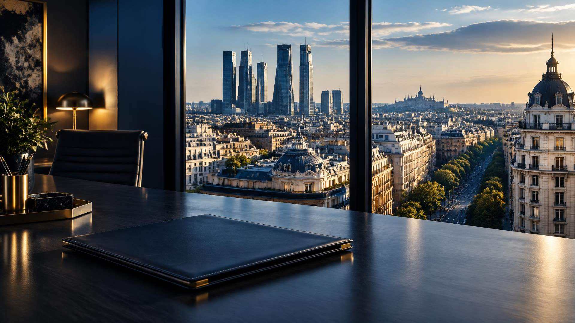 Edificios de Madrid vistos desde una oficina con una carpeta patrimonial